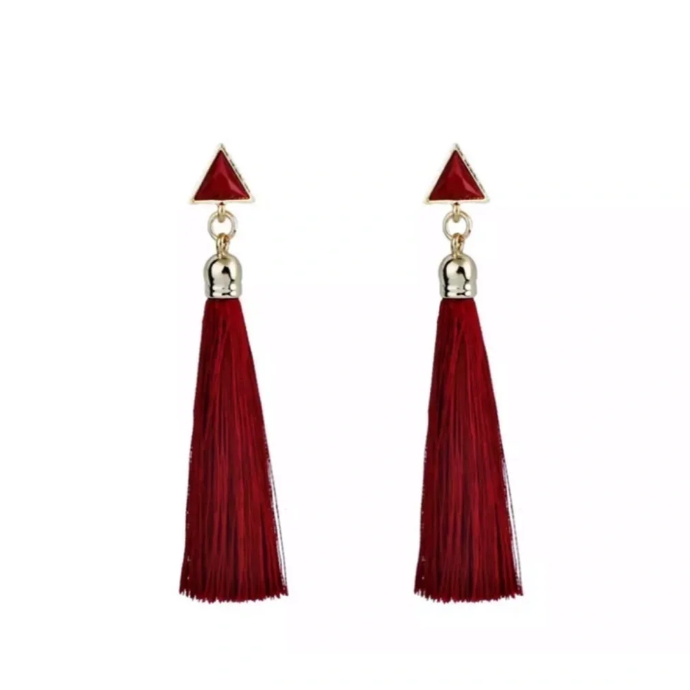 Red Boho Long Triangle Tassel Drop Earrings